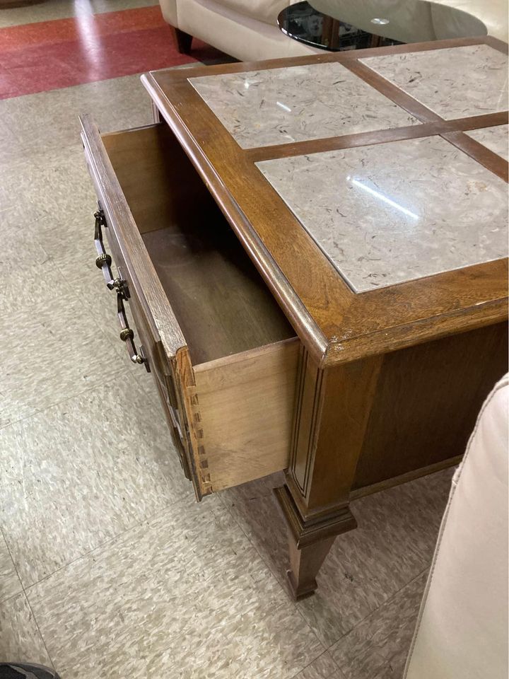 Mid-Century End Table with Stone Inserts drawer