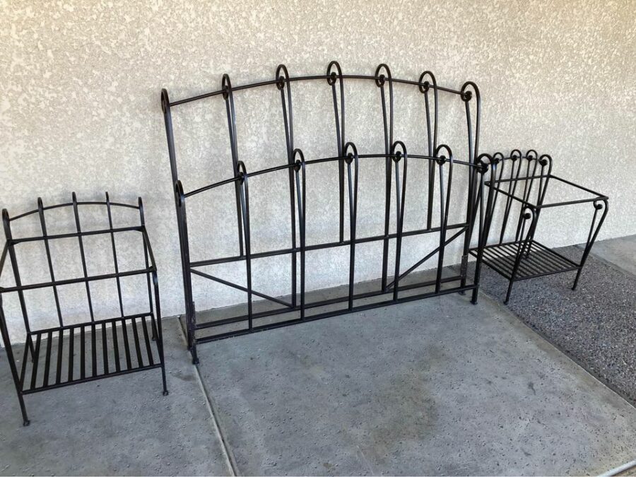 Queen Size Iron Headboard Footboard and Two Nightstands