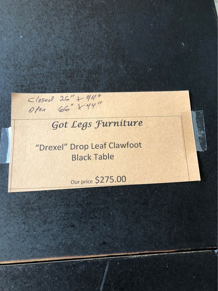 Drexel Black Clawfoot Drop Leaf Table label