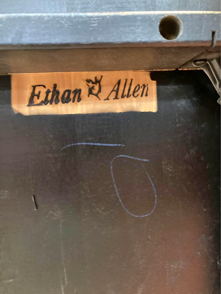Ethan Allen Telephone Gossip Bench brand stamp