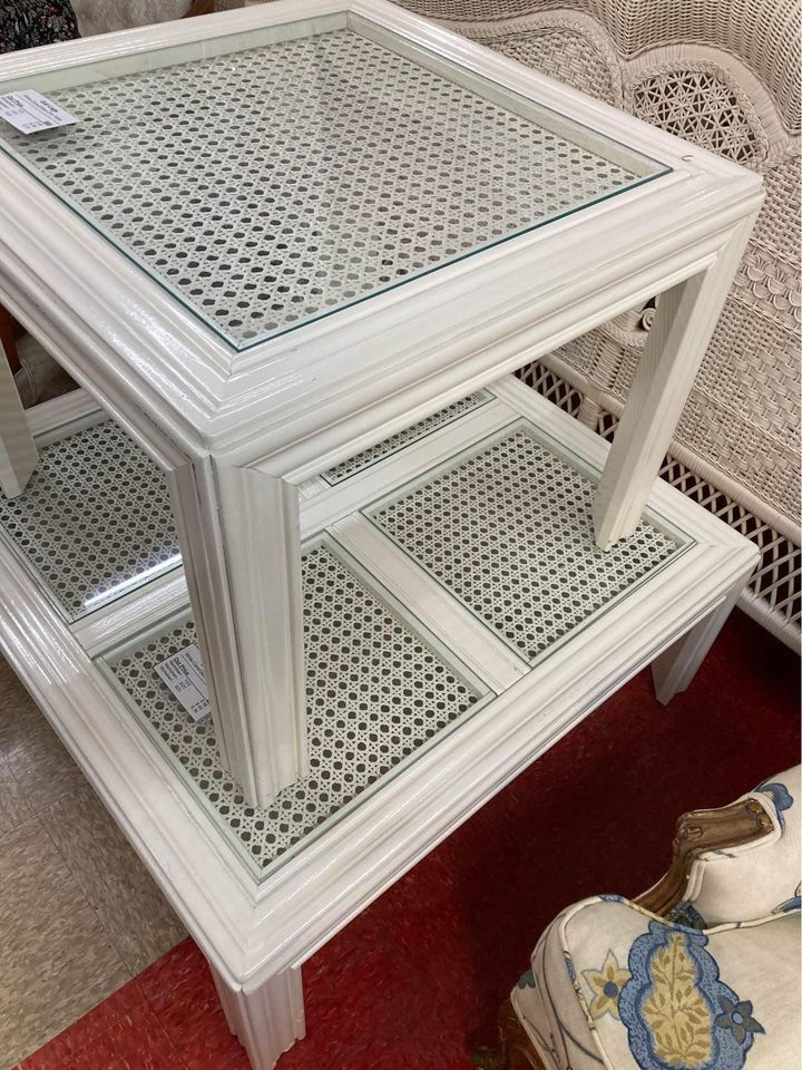 Matching White Cane Coffee and End Table Set