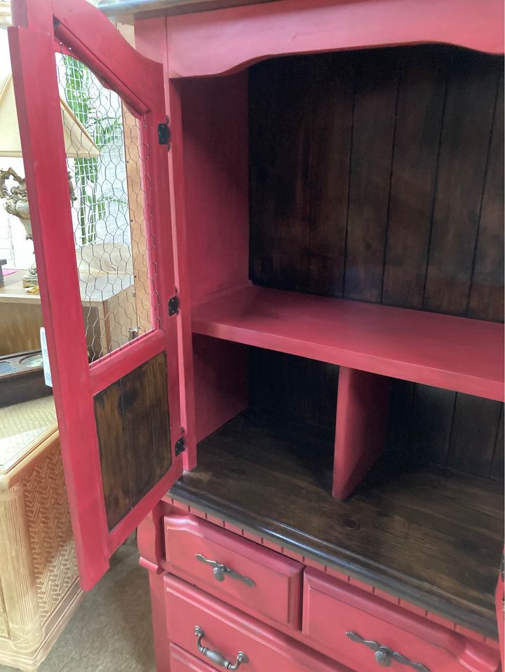 Red Cottagecore Farmhouse Style Hutch shelves and chicken wire doors