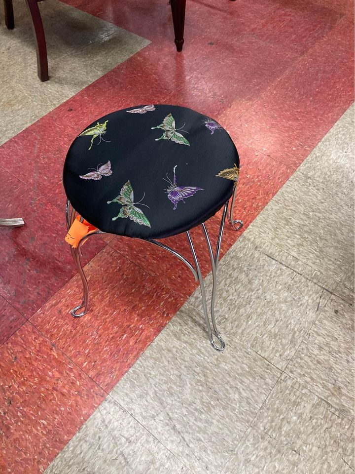 Small Chrome and Brocade Butterfly Vanity Stool top