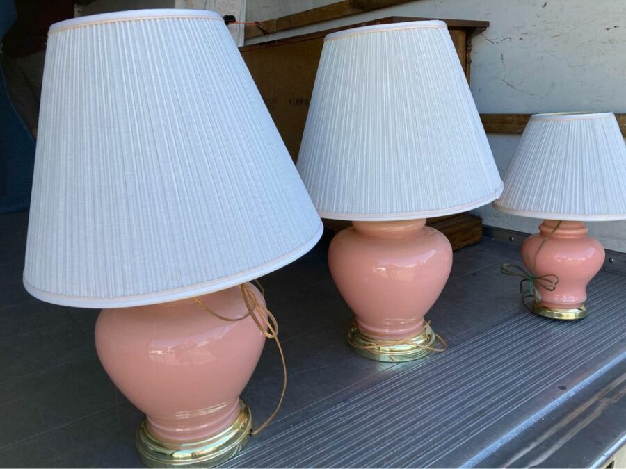Three Matching Vintage 1980s Pink and Gold Table Lamps