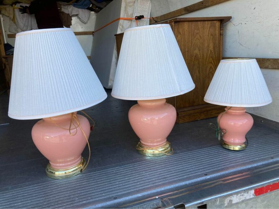 Three Matching Vintage 1980s Pink and Gold Table Lamps