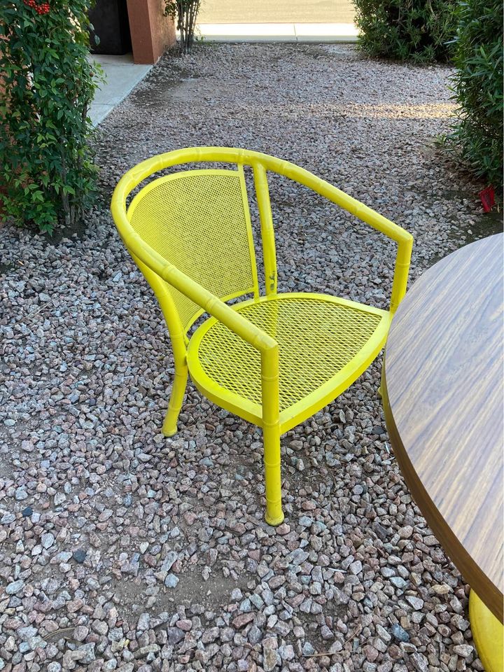 Vintage Bamboo or BoHo Style Aluminum Patio Set with Barrel Chairs yellow chair