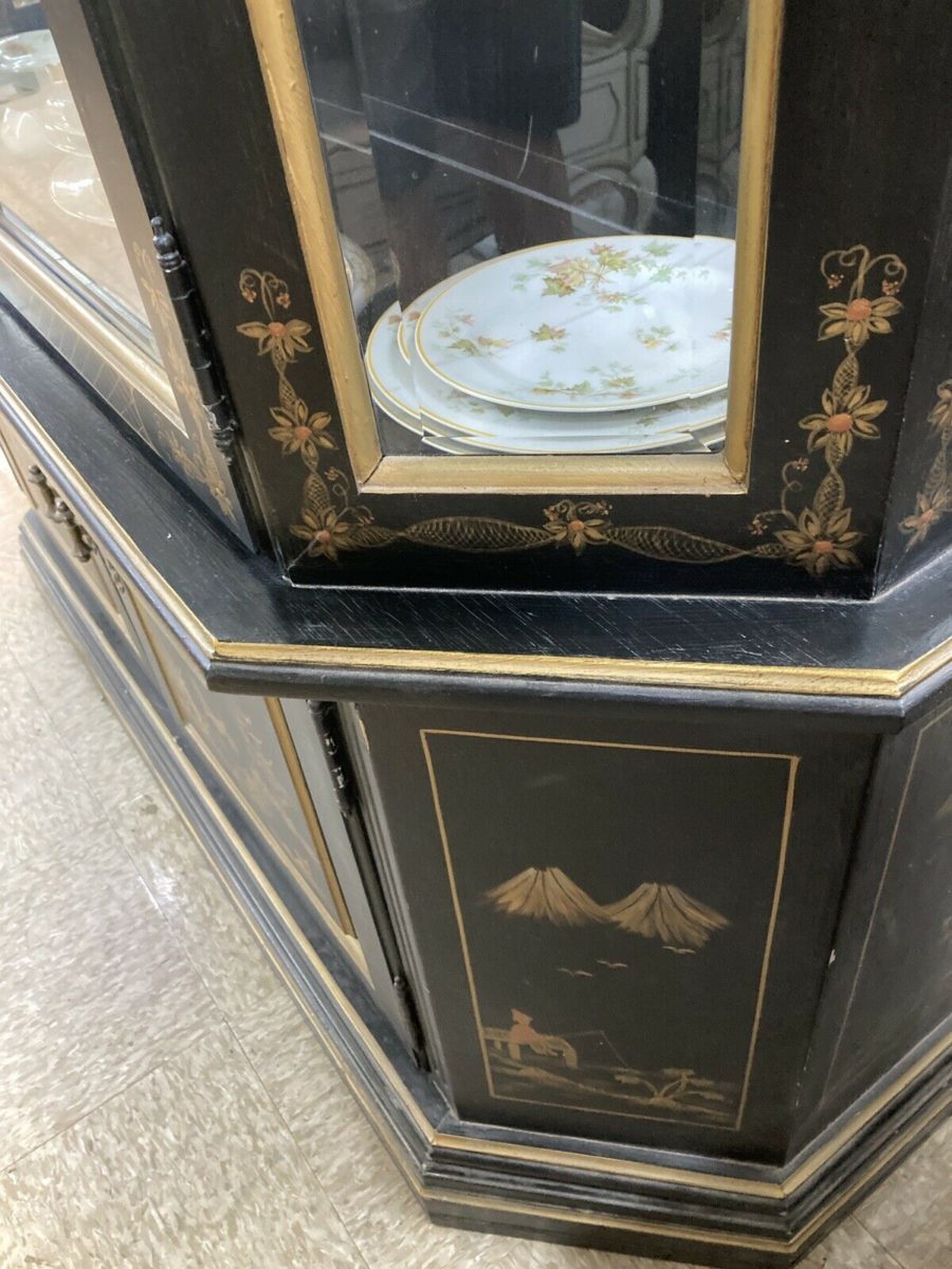 Hand-Painted China Cabinet Black and Gold detail