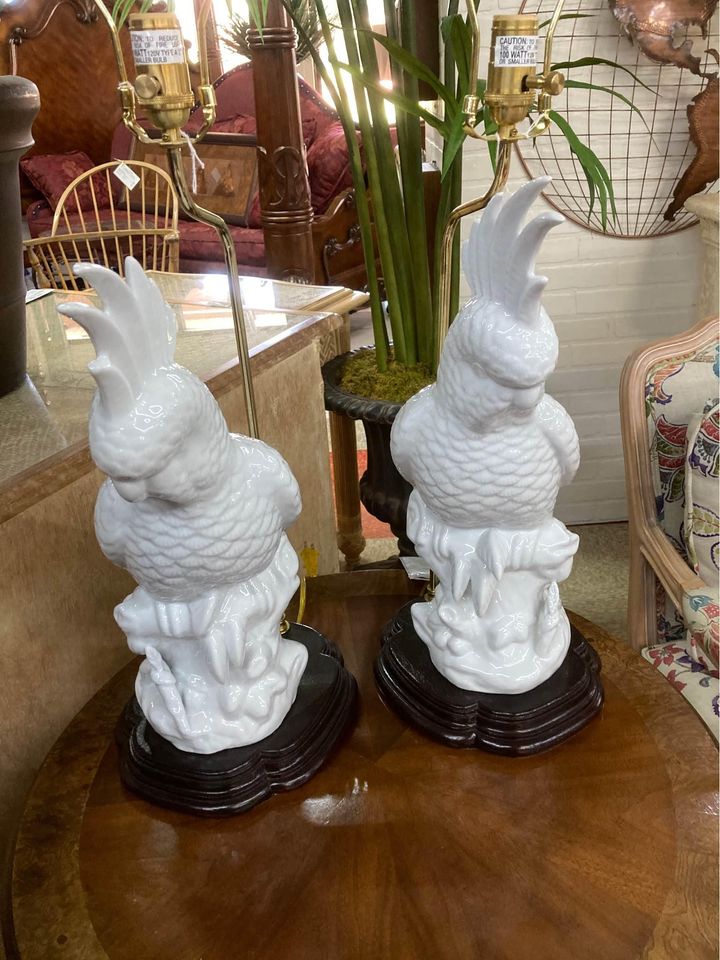 Matched Pair of Large Lamps with Cockatoos