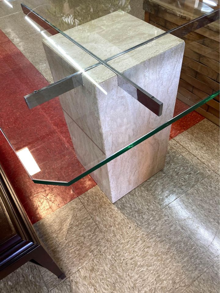 Modern Glass Dining Table Travertine Base