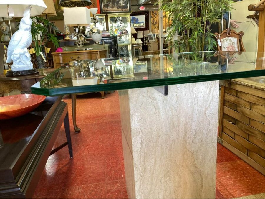 Modern Glass Dining Table Travertine Base side