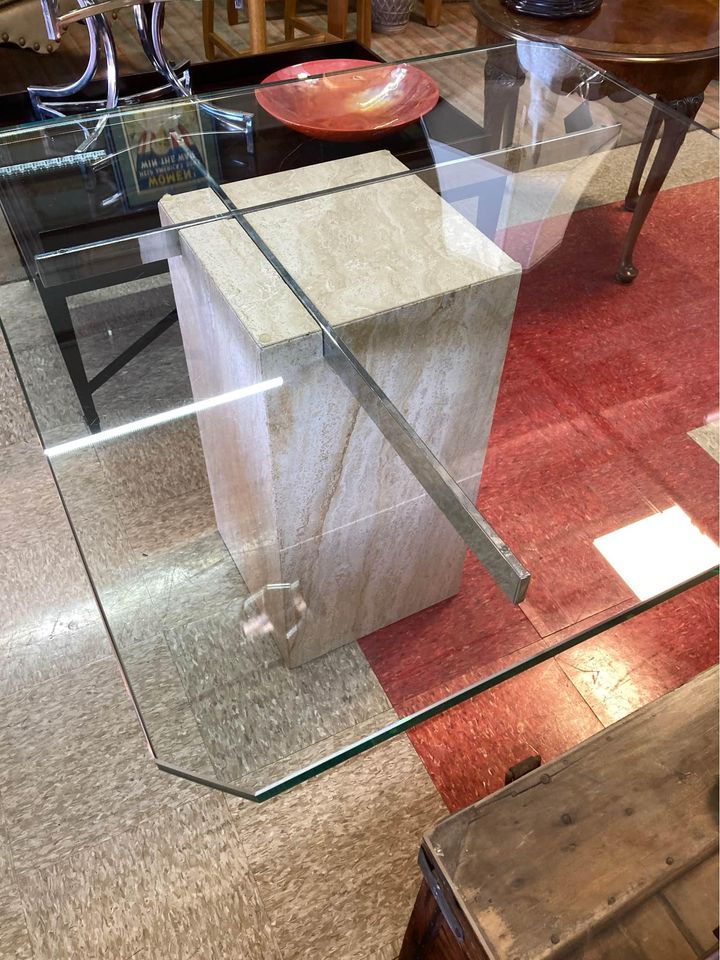 Modern Glass Dining Table Travertine Base