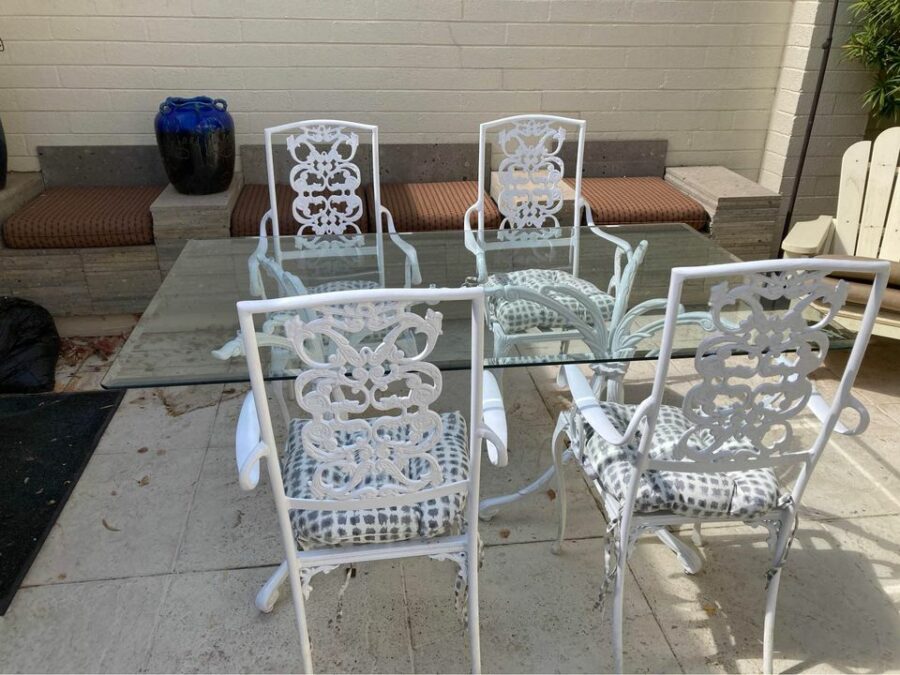White Patio Set - 4 Chairs and Glass Table
