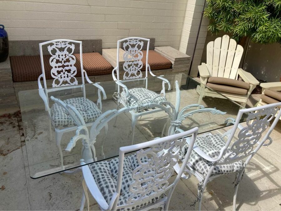 White Patio Set - 4 Chairs and Glass Table above view