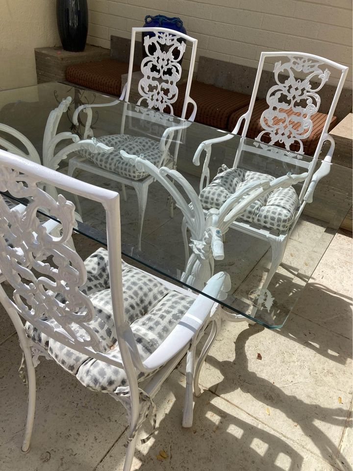 White Patio Set - 4 Chairs and Glass Table table top