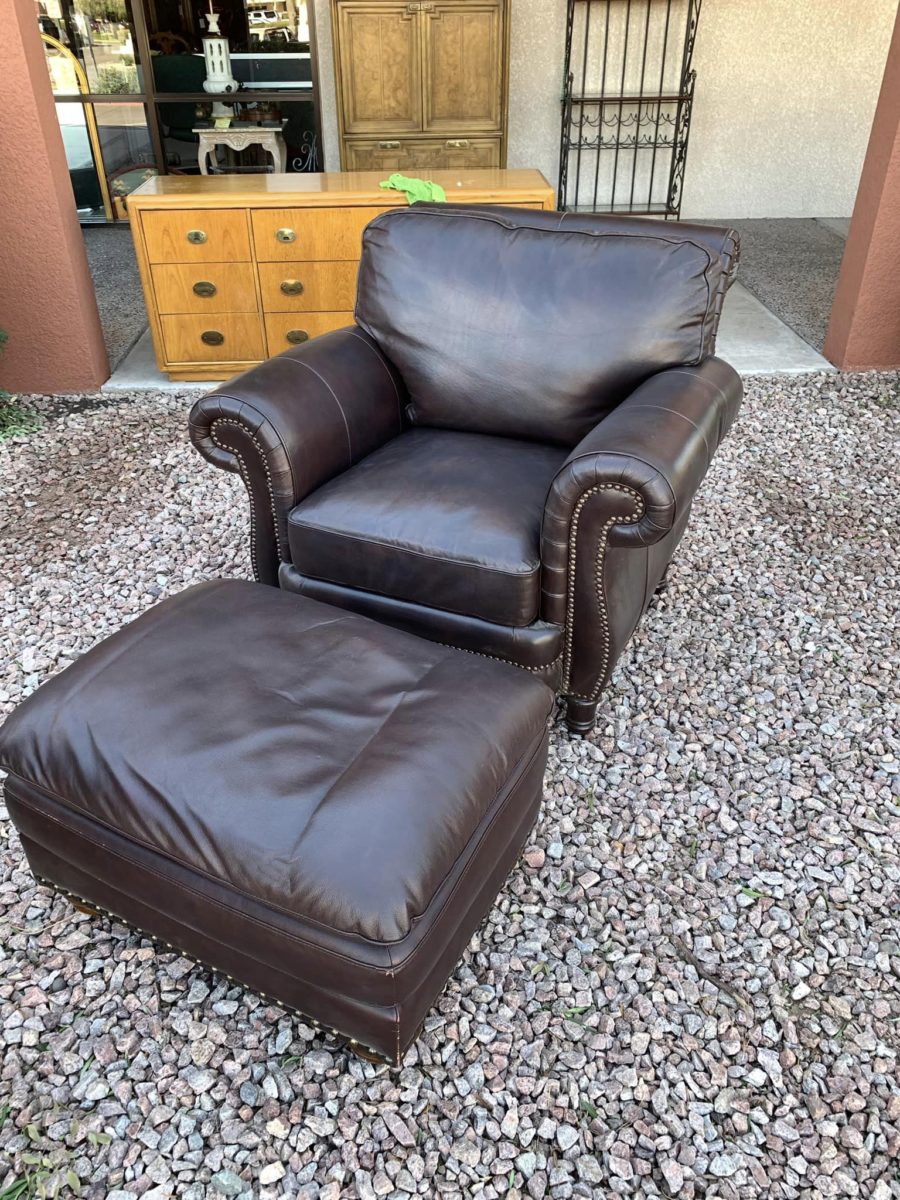 Brown Leather Armchair and Ottoman