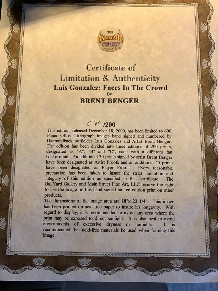 Luis Gonzalez Collector Print certificate