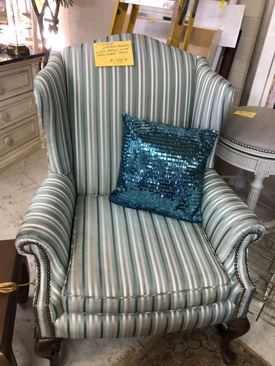 Blue Striped Wingback Chair
