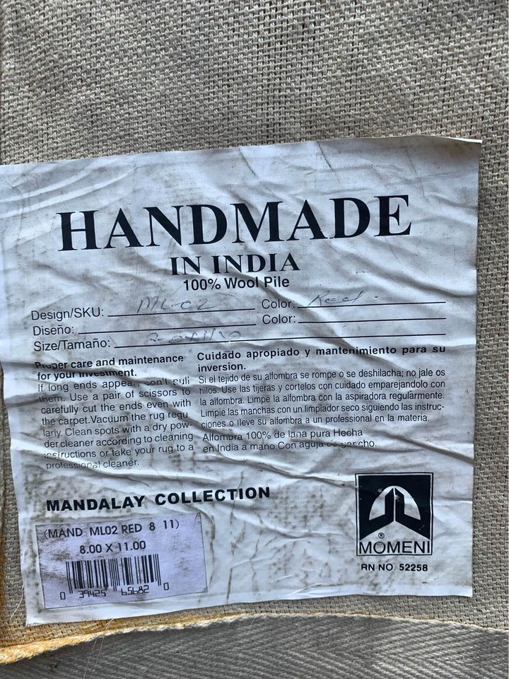 Handmade Wool Area Rug label