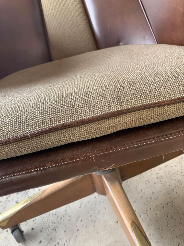 2 Mid-Century Office Chairs brown seat damage