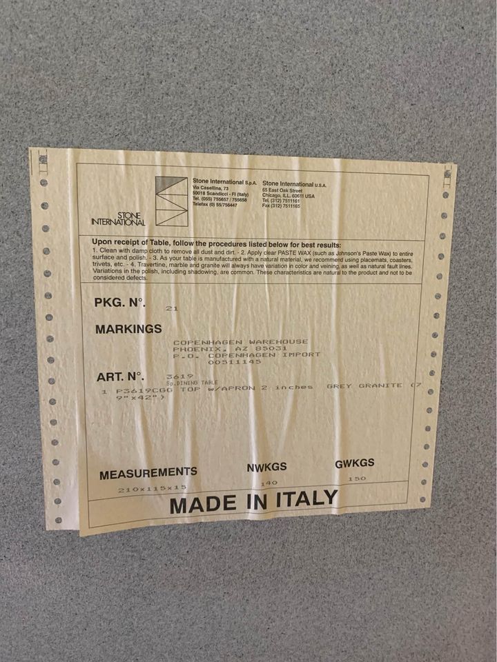 Italian Granite Dining Table label
