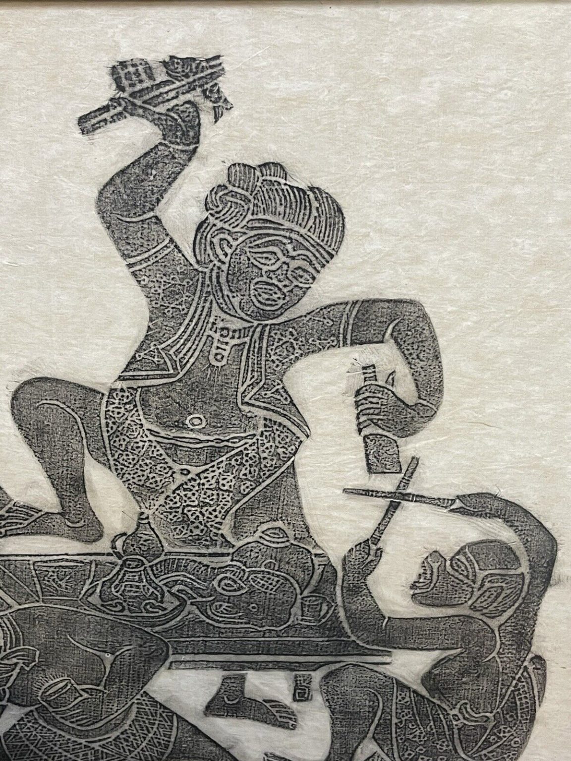 Vintage Asian Temple Rubbings drinking figure detail