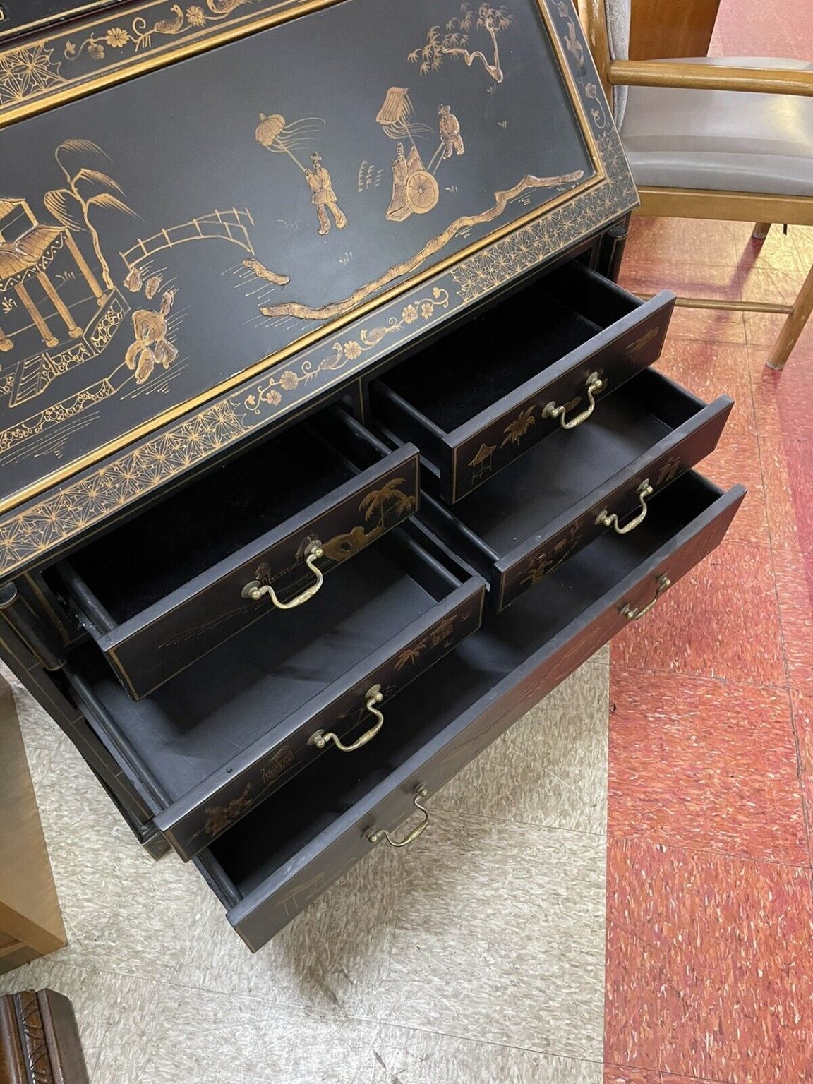Oriental Style Secretary Desk lower drawers open