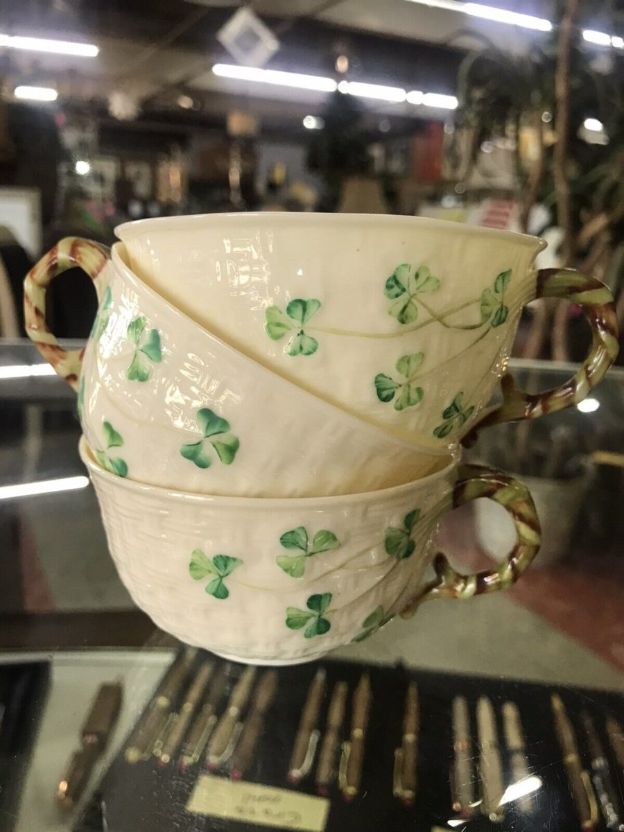Belleek Pottery Shamrock Tea Cups stack