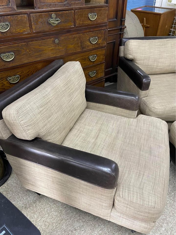 Leather and Cloth Armchairs with Ottoman armchair