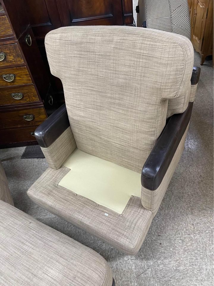2 Leather and Cloth Armchairs with Ottoman
