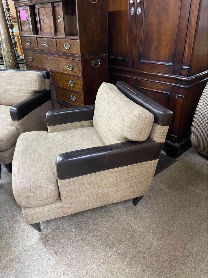 2 Leather and Cloth Armchairs with Ottoman