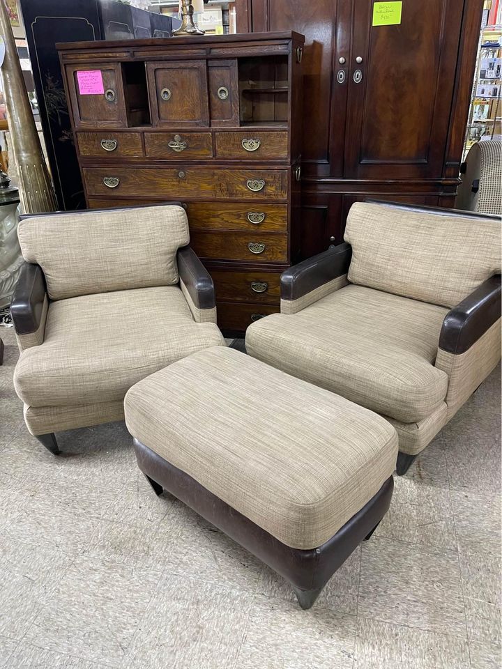 Leather and Cloth Armchairs with Ottoman