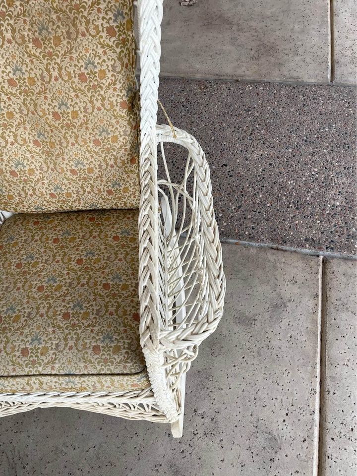 White Wicker Rocker with Magazine Holder Armrest