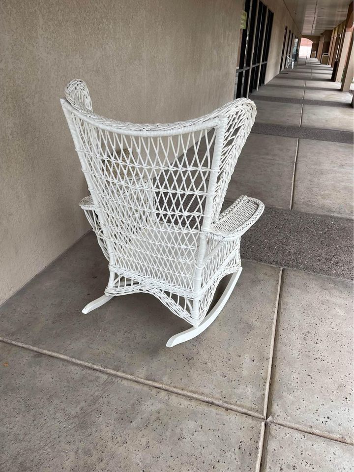 White Wicker Rocker with Magazine Holder Armrest back
