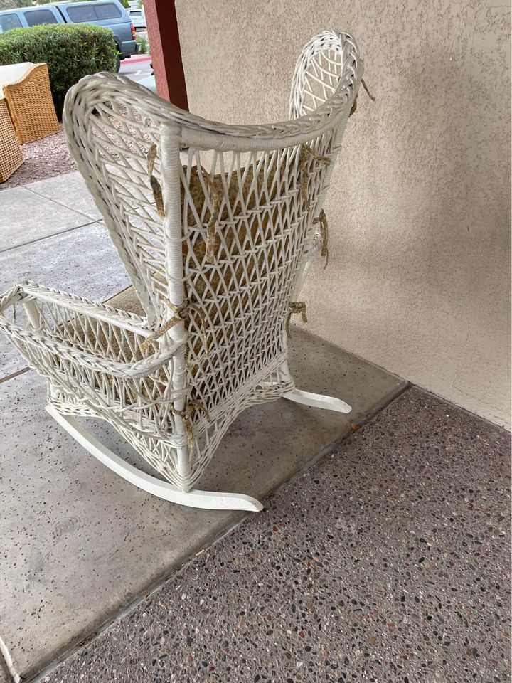 White Wicker Rocker with Magazine Holder Armrest back