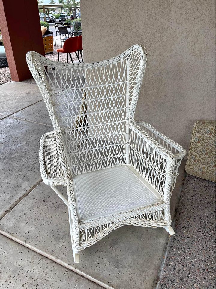 White Wicker Rocker with Magazine Holder Armrest