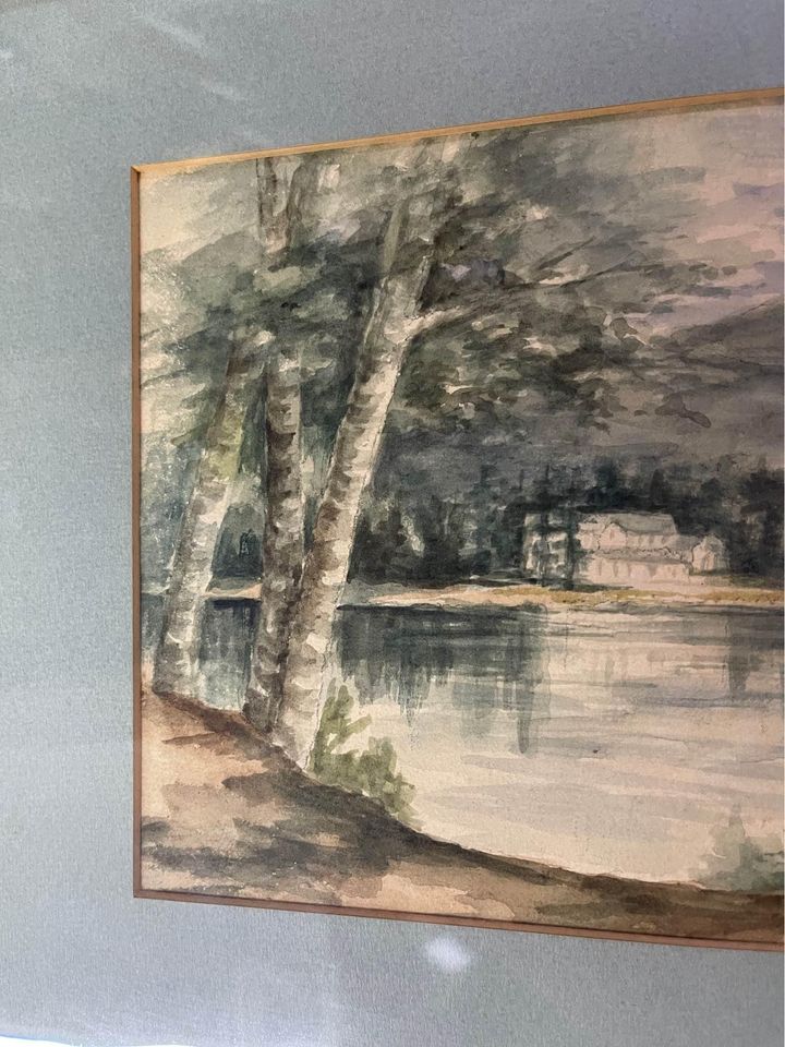 Antique Watercolor Painting from 1911 - House by a Lake