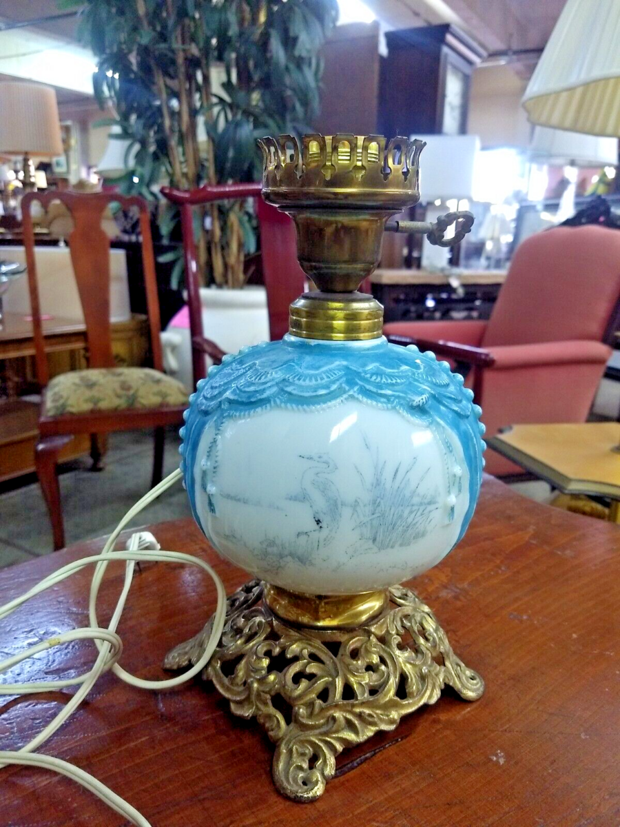 Antique Electric Milk Glass Lamp with Pelican Design