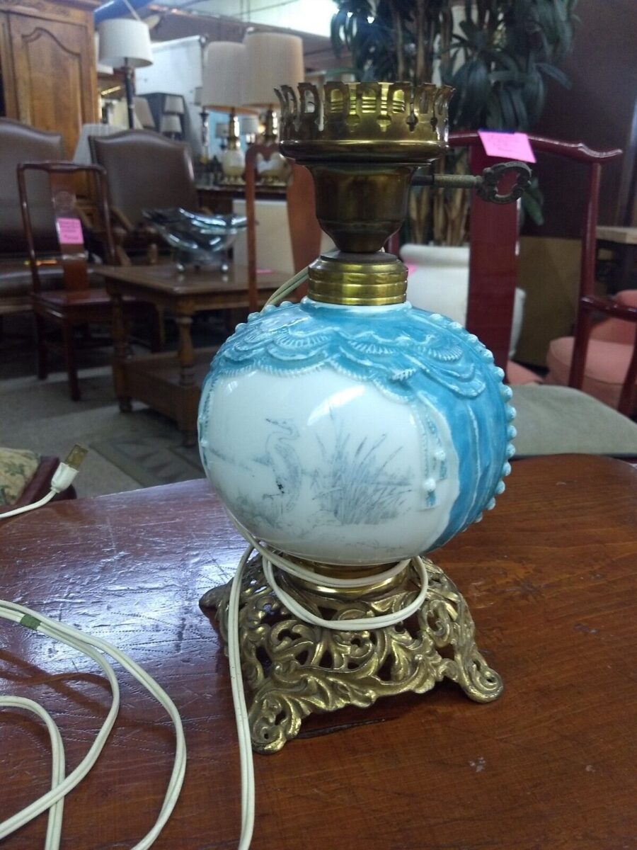 Antique Electric Milk Glass Lamp with Pelican Design