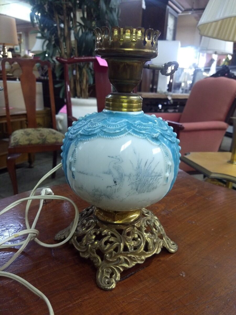 Antique Electric Milk Glass Lamp with Pelican Design