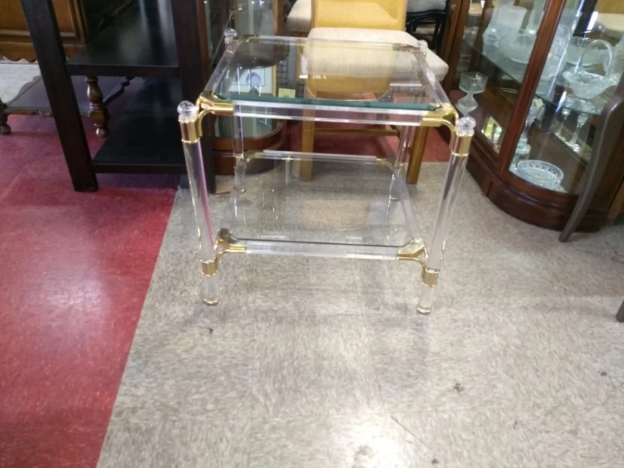 Modern Glass Acrylic and Brass End Table lower shelf Modern Glass and Brass End Table