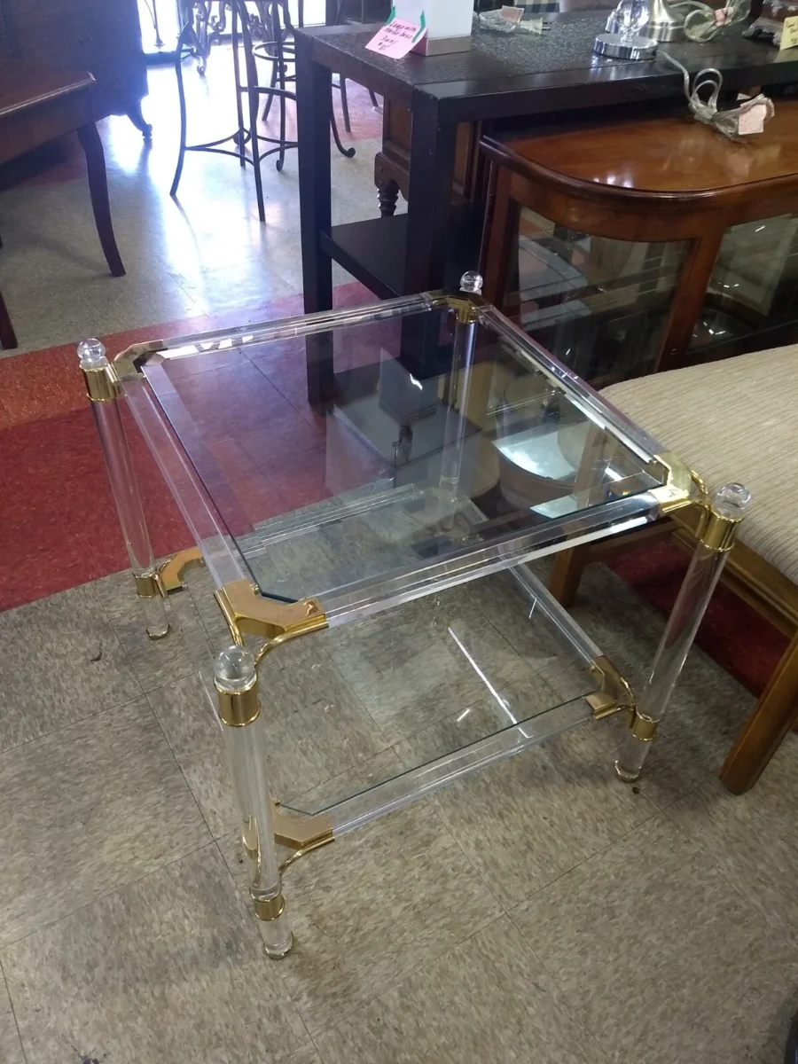 Modern Glass Acrylic and Brass End Table top Modern Glass and Brass End Table