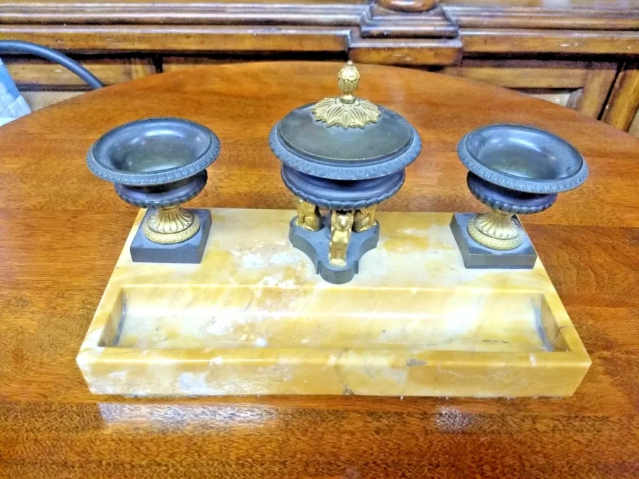 Antique Gilded Bronze and Marble Inkstand