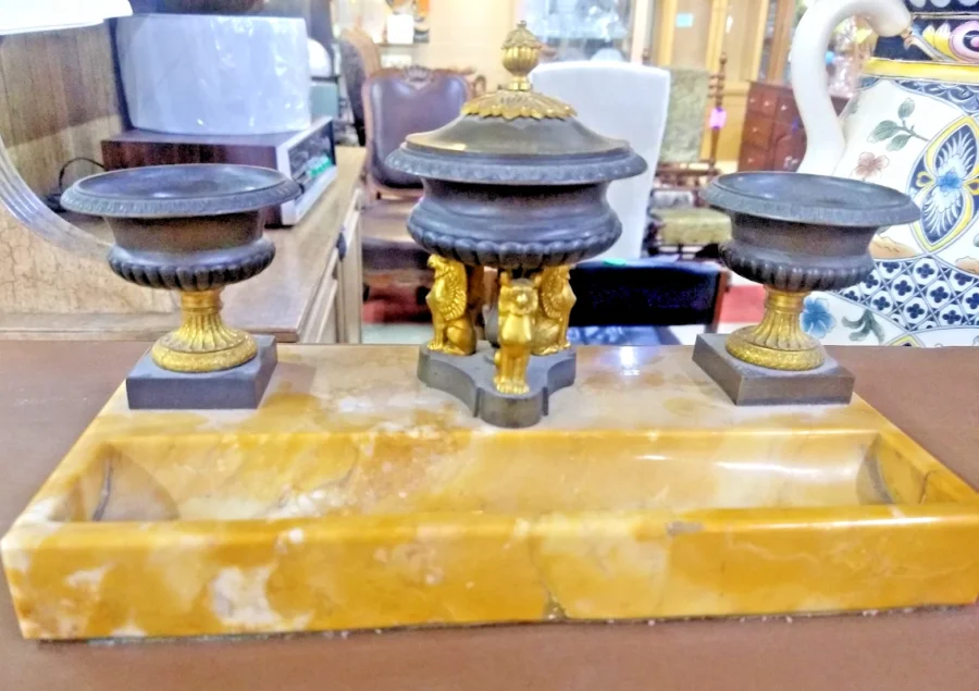 Antique Gilded Bronze and Marble Inkstand