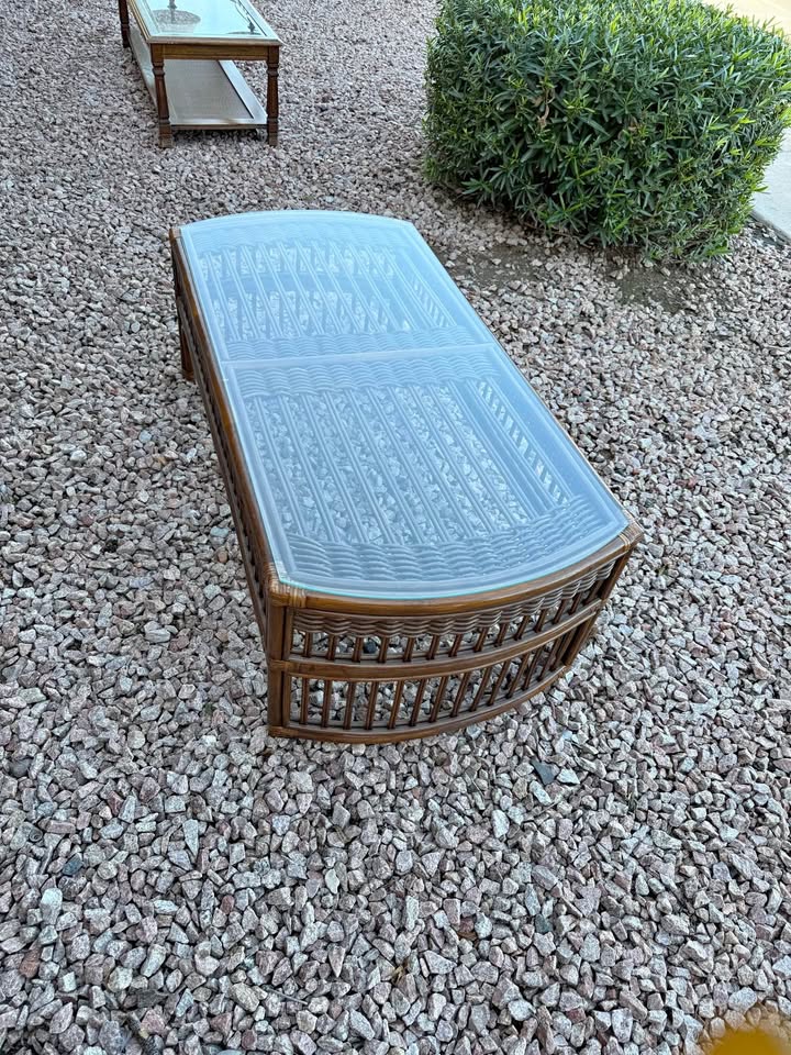 Boho Rattan Coffee Table with Glass Top