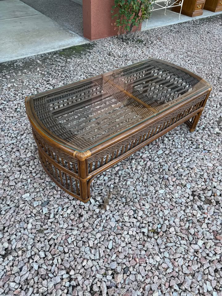 Boho Rattan Coffee Table with Glass Top