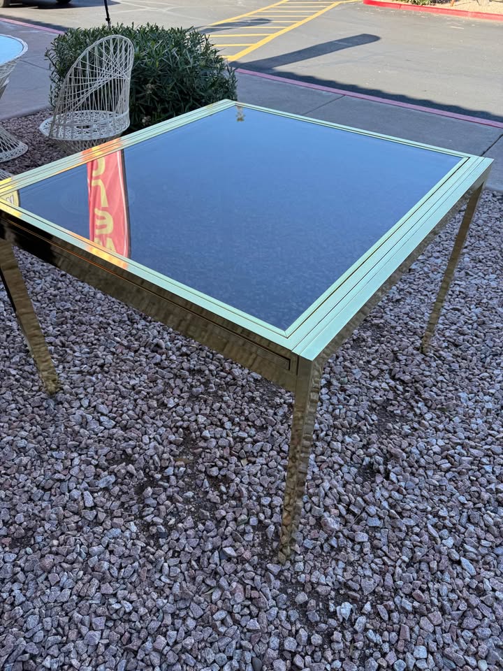 Expandable Brass Dining Table closed angle MCM Expandable Brass Dining Table - 2 available 1 small & 1 large