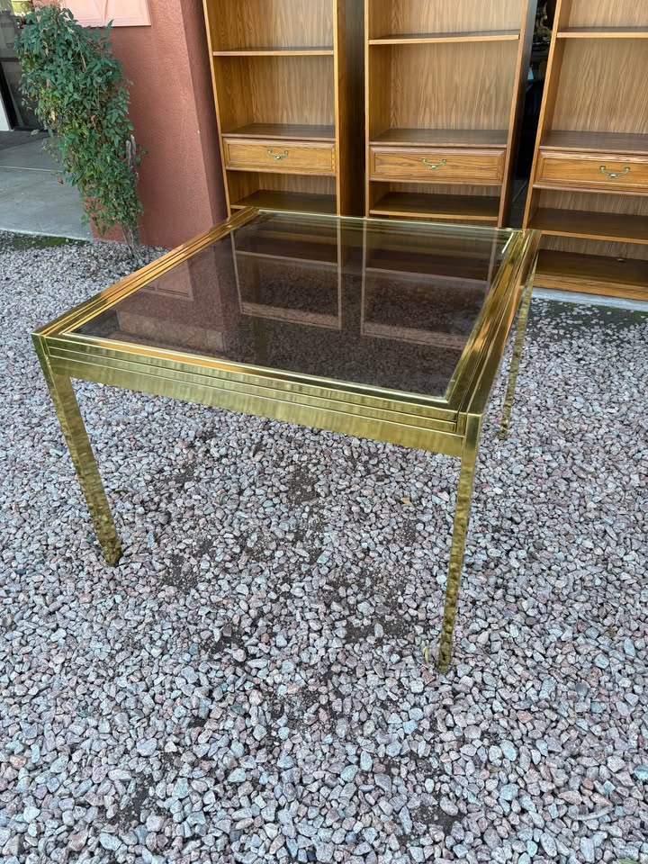 Expandable Brass Dining Table closed MCM Expandable Brass Dining Table - 2 available 1 small & 1 large