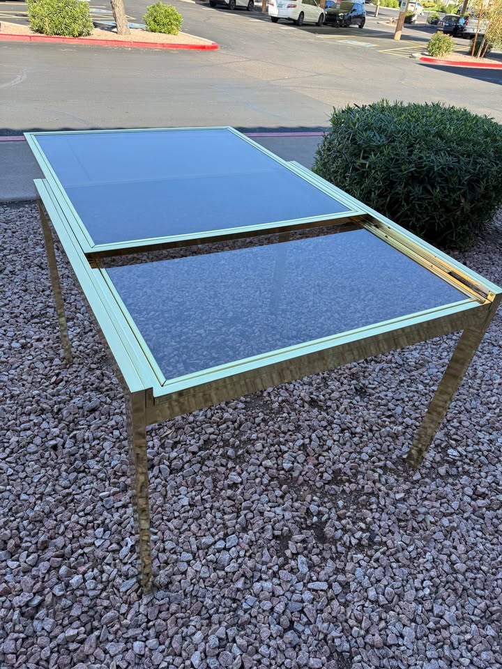 Expandable Brass Dining Table sliding top MCM Expandable Brass Dining Table - 2 available 1 small & 1 large