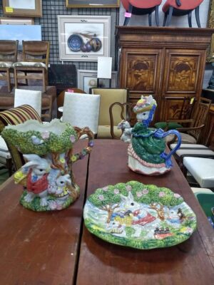 Fitz and Floyd Teapot, Pitcher, and Platter