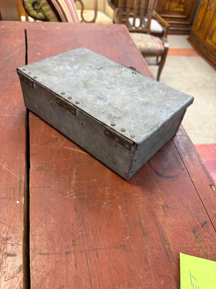 Vintage Handmade Steel Box with Leather Handle back Vintage Handmade Steel Box with Leather Handle